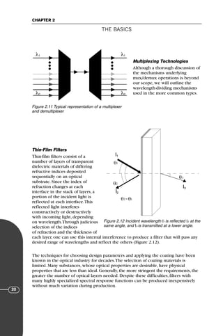 THE BASICS
CHAPTER 2
20
Multiplexing Technologies
Although a thorough discussion of
the mechanisms underlying
mux/demux operations is beyond
our scope, we will outline the
wavelength-dividing mechanisms
used in the more common types.
Thin-Film Filters
Thin-film filters consist of a
number of layers of transparent
dielectric materials of differing
refractive indices deposited
sequentially on an optical
substrate. Since the index of
refraction changes at each
interface in the stack of layers, a
portion of the incident light is
reflected at each interface.This
reflected light interferes
constructively or destructively
with incoming light, depending
on wavelength.Through judicious
selection of the indices
of refraction and the thickness of
each layer, one can use this internal interference to produce a filter that will pass any
desired range of wavelengths and reflect the others (Figure 2.12).
The techniques for choosing design parameters and applying the coating have been
known in the optical industry for decades.The selection of coating materials is
limited. Many substances, whose optical properties are desirable, have physical
properties that are less than ideal. Generally, the more stringent the requirements, the
greater the number of optical layers needed. Despite these difficulties, filters with
many highly specialized spectral response functions can be produced inexpensively
without much variation during production.
λ1
λn λn
λ1
Figure 2.11 Typical representation of a multiplexer
and demultiplexer
I1
I2
I3
1
2
3
θ
θ
2
θ
θ
1
θ
=
Figure 2.12 Incident wavelength Ι1 is reflected Ι2 at the
same angle, and Ι3 is transmitted at a lower angle.
71136 001-194_cb 11/10/08 8:58 AM K 20
 