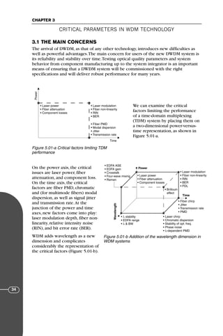 CRITICAL PARAMETERS IN WDM TECHNOLOGY
CHAPTER 3
34
3.1 THE MAIN CONCERNS
The arrival of DWDM, as that of any other technology, introduces new difficulties as
well as powerful advantages.The main concern for users of the new DWDM system is
its reliability and stability over time.Testing optical quality parameters and system
behavior from component manufacturing up to the system integrator is an important
means of ensuring that a DWDM system will be commissioned with the right
specifications and will deliver robust performance for many years.
We can examine the critical
factors limiting the performance
of a time-domain multiplexing
(TDM) system by placing them on
a two-dimensional power-versus-
time representation, as shown in
Figure 5.01-a.
On the power axis, the critical
issues are laser power, fiber
attenuation, and component loss.
On the time axis, the critical
factors are fiber PMD, chromatic
and (for multimode fibers) modal
dispersion, as well as signal jitter
and transmission rate.At the
junction of the power and time
axes, new factors come into play:
laser modulation depth, fiber non-
linearity, relative intensity noise
(RIN), and bit error rate (BER).
WDM adds wavelength as a new
dimension and complicates
considerably the representation of
the critical factors (Figure 5.01-b).
Power
Time
• Laser power
• Fiber attenuation
• Component losses
• Laser modulation
• Fiber non-linearity
• RIN
• BER
• Fiber PMD
• Modal dispersion
• Jitter
• Transmission rate
Figure 5.01-a Critical factors limiting TDM
performance
Power
Time
• Laser power
• Fiber attenuation
• Component losses
• Laser modulation
• Fiber non-linearity
• RIN
• BER
• PDL
• Laser chirp
• Chromatic dispersion
• Stability of opt. freq.
• Phase noise
• λ-dependent PMD
• EDFA ASE
• EDFA gain
• Crosstalk
• Four-wave mixing
• Raman
• Fiber chirp
• Jitter
• Transmission rate
• PMD
• λ stability
• EDFA range
• λ & BW
• Brillouin
effect
Wavelength
Figure 5.01-b Addition of the wavelength dimension in
WDM systems
71136 001-194_cb 11/10/08 8:58 AM K 34
 