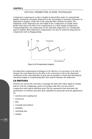 CRITICAL PARAMETERS IN WDM TECHNOLOGY
CHAPTER 3
60
A dispersion compensator is often a length of optical fiber made of a material that
displays anomalous chromatic dispersion at the wavelength of operation.Therefore, its
dispersion is negative, while that of the principal fiber medium is positive.The
magnitude of the dispersion per unit length in the compensator is usually much
greater than that in the fiber to be compensated, so a short length of dispersion-
compensating fiber can compensate for the chromatic dispersion of a considerable
span of ordinary fiber. Dispersion compensation can also be achieved using discrete
components such as Bragg gratings.
For dispersion compensation techniques to be effective, it is necessary to be able to
measure the total dispersion in the fiber to be corrected as well as the dispersion
coefficient of the correcting fiber. It must also be possible to check that inserting the
calculated length of compensating fiber does indeed eliminate the dispersion.
3.8 SWITCHES
Switches are used in the network to rearrange the links.They allow signal re-routing
and are used for configuring a path or restoring a link.They are also used in
conjunction with optical add/drop muxs.The key parameters that determine the
performance of switches and, thus, their suitability for particular network applications,
are
• insertion and coupling loss
• return loss
• PDL
• crosstalk and isolation
• reliability
• switching time
• stability
Dispersion
Fiber length (km)
0
-
+
Fiber Compensator
Figure 3.40 Compensation diagram
71136 001-194_cb 11/10/08 8:58 AM K 60
 