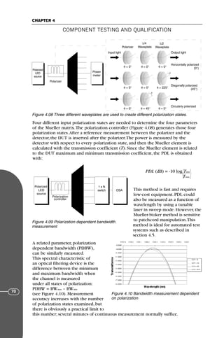 Four different input polarization states are needed to determine the four parameters
of the Mueller matrix.The polarization controller (Figure 4.08) generates those four
polarization states.After a reference measurement between the polarizer and the
detector, the DUT is inserted after the polarizer.The power is measured by the
detector with respect to every polarization state, and then the Mueller element is
calculated with the transmission coefficient (T). Since the Mueller element is related
to the DUT maximum and minimum transmission coefficient, the PDL is obtained
with:
PDL (dB) = -10 log Tmin
Tmax
This method is fast and requires
low-cost equipment. PDL could
also be measured as a function of
wavelength by using a tunable
laser in sweep mode. However, the
Mueller-Stoker method is sensitive
to patchcord manipulation.This
method is ideal for automated test
systems such as described in
section 4.5.
A related parameter, polarization
dependent bandwidth (PDBW),
can be similarly measured.
This spectral characteristic of
an optical filtering device is the
difference between the minimum
and maximum bandwidth when
the channel is measured
under all states of polarization:
PDBW = BWmax – BWmin
(see Figure 4.10). Measurement
accuracy increases with the number
of polarization states examined, but
there is obviously a practical limit to
this number; several minutes of continuous measurement normally suffice.
COMPONENT TESTING AND QUALIFICATION
CHAPTER 4
70
Polarized
LED
source
Polarizer
Power
meter
Input light
Polarizer
λ/4
Waveplate
λ/2
Waveplate
Output light
Horizontally polarized
(0°)
Diagonally polarized
(45°)
Circularly polarized
θ = 0° θ = 0° θ = 0°
θ = 0° θ = 0° θ = 225°
θ = 0° θ = 45° θ = 0°
θ
θ
Figure 4.08 Three different waveplates are used to create different polarization states.
Polarized
LED
source
OSA
1 x N
switch
4
Polarization
controller
Figure 4.09 Polarization dependent bandwidth
measurement
Figure 4.10 Bandwidth measurement dependent
on polarization
71136 001-194_cb 11/10/08 8:58 AM K 70
 