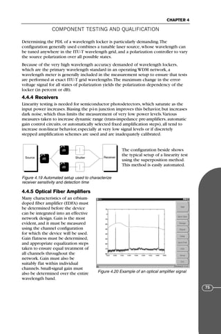 COMPONENT TESTING AND QUALIFICATION
CHAPTER 4
75
Determining the PDL of a wavelength locker is particularly demanding.The
configuration generally used combines a tunable laser source, whose wavelength can
be tuned anywhere in the ITU-T wavelength grid, and a polarization controller to vary
the source polarization over all possible states.
Because of the very high wavelength accuracy demanded of wavelength lockers,
which are the primary wavelength standard in an operating WDM network, a
wavelength meter is generally included in the measurement setup to ensure that tests
are performed at exact ITU-T grid wavelengths.The maximum change in the error-
voltage signal for all states of polarization yields the polarization dependency of the
locker (in percent or dB).
4.4.4 Receivers
Linearity testing is needed for semiconductor photodetectors, which saturate as the
input power increases. Biasing the p-i-n junction improves this behavior, but increases
dark noise, which thus limits the measurement of very low power levels.Various
measures taken to increase dynamic range (trans-impedance pre-amplifiers, automatic
gain control circuits, or automatically selected fixed amplification steps), all tend to
increase non-linear behavior, especially at very low signal levels or if discretely
stepped amplification schemes are used and are inadequately calibrated.
The configuration beside shows
the typical setup of a linearity test
using the superposition method.
This method is easily automated.
4.4.5 Optical Fiber Amplifiers
Many characteristics of an erbium-
doped fiber amplifier (EDFA) must
be determined before the device
can be integrated into an effective
network design. Gain is the most
evident, and it must be measured
using the channel configuration
for which the device will be used.
Gain flatness must be determined,
and appropriate equalization steps
taken to ensure equal treatment of
all channels throughout the
network. Gain must also be
suitably flat within individual
channels. Small-signal gain must
also be determined over the entire
wavelength band.
Source dB
→
ρ
dB
→
ρ
dB
→
ρ
Receiver
F
Shutter
Figure 4.19 Automated setup used to characterize
receiver sensitivity and detection time
Figure 4.20 Example of an optical amplifier signal
71136 001-194_cb 11/10/08 8:58 AM K 75
 