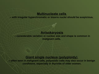 Multinucleate cells
– with irregular hyperchromatic or bizarre nuclei should be suspicious,
Anisokaryosis
– considerable variation in nuclear size and shape is common in
malignant cells.
Giant single nucleus (polyploidy)
– often seen in malignant cells, polypoidic cells may also occur in benign
conditions, especially in thyroids of older women.
 
