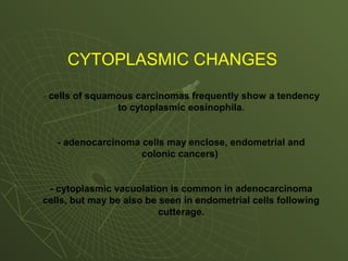 CYTOPLASMIC CHANGES
- cells of squamous carcinomas frequently show a tendency
to cytoplasmic eosinophila.
- adenocarcinoma cells may enclose, endometrial and
colonic cancers)
- cytoplasmic vacuolation is common in adenocarcinoma
cells, but may be also be seen in endometrial cells following
cutterage.
 