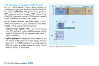 24 OTN (G.709) Reference Guide EXFO
Framing OTU OH
Byte
Byte
1
2
3
4
1 4080
Payload OTU
FEC
ODU (TCMi)
OH
15
1
16
RES
17 24
2 RES
3 RES
4 PSI
JC
JC
JC
NJO PJO
PT
RES
PSI
0
1
2
ı
ı
255
7 8 14 15 16 17 3824 3825
OPU
OH
CSF
4.2.3. Optical Channel Payload Unit (OPU) Overhead
The ITU-T G.709 standard currently defines mappings for
constant-bit-rate signals, both bit-synchronous and asynchronous.
This includes SONET/SDH, ATM, generic framing procedures
(GFP) and pseudo-random bit sequence (PRBS) patterns. As part
of the G.709 encapsulation process, the OPU overhead is added to
support the adaptation of the various client signals.
The OPU overhead is located in rows 1 to 4 of columns 15 and 16,
and it is terminated where the OPU is assembled and disassembled.
The OPU overhead consists of the following fields:
› 
Payload structure identifier (PSI) is a one-byte field allocated
in the OPU overhead to transport a 256-byte payload structure
identifier (PSI) signal. The PSI byte is located in row 4, column 15
of the OPU overhead.
› 
Payload type (PT) is a one-byte field defined in the PSI[0] byte
and contains the PT identifier that reports the type of payload
being carried in the OPU payload to the receiving equipment.
Table 4.3 includes all possible payload type values currently
defined by the ITU-T G.709 standard. Figure 4.8 – OPU Overhead and PSI Field Structure
 