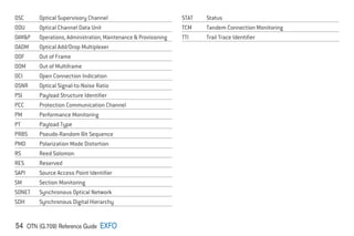 54 OTN (G.709) Reference Guide EXFO
OSC Optical Supervisory Channel
ODU Optical Channel Data Unit
OAMP Operations, Administration, Maintenance  Provisioning
OADM Optical Add/Drop Multiplexer
OOF Out of Frame
OOM Out of Multiframe
OCI Open Connection Indication
OSNR Optical Signal-to-Noise Ratio
PSI Payload Structure Identifier
PCC Protection Communication Channel
PM Performance Monitoring
PT		 Payload Type
PRBS Pseudo-Random Bit Sequence
PMD Polarization Mode Distortion
RS		 Reed Solomon
RES Reserved
SAPI Source Access Point Identifier
SM Section Monitoring
SONET Synchronous Optical Network
SDH Synchronous Digital Hierarchy
STAT Status
TCM Tandem Connection Monitoring
TTI Trail Trace Identifier
 