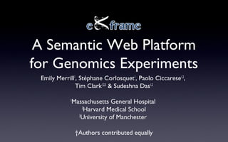 A Semantic Web Platform
for Genomics Experiments
Emily Merrill1
, Stéphane Corlosquet1
, Paolo Ciccarese1,2
,
Tim Clark1,2,3
& Sudeshna Das1,2
1
Massachusetts General Hospital
2
Harvard Medical School
3
University of Manchester
†Authors contributed equally
 