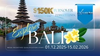 BALI
Explore
01.12.2025-15.02.2026
M E G A I N C E N T I V E S Q U A L I F I C A T I O N S T A R T :
TURNOVER
2 DIRECT LINES.
YOUR PATH TO BALI.”
 