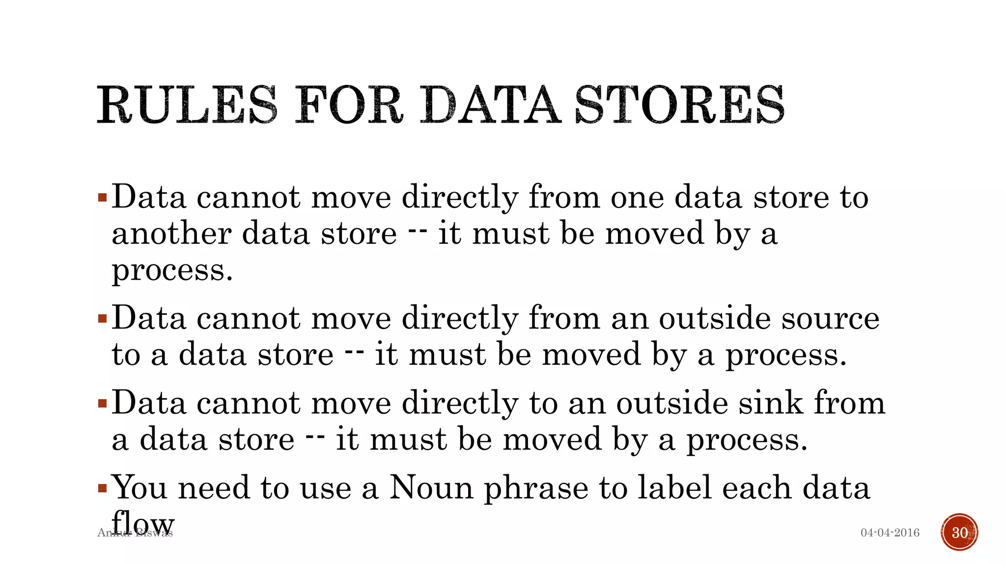 Data cannot move directly from one data store to
another data store -- it must be moved by a
process.
Data cannot move directly from an outside source
to a data store -- it must be moved by a process.
Data cannot move directly to an outside sink from
a data store -- it must be moved by a process.
You need to use a Noun phrase to label each data
flow 04-04-2016Ankur Biswas 30
 