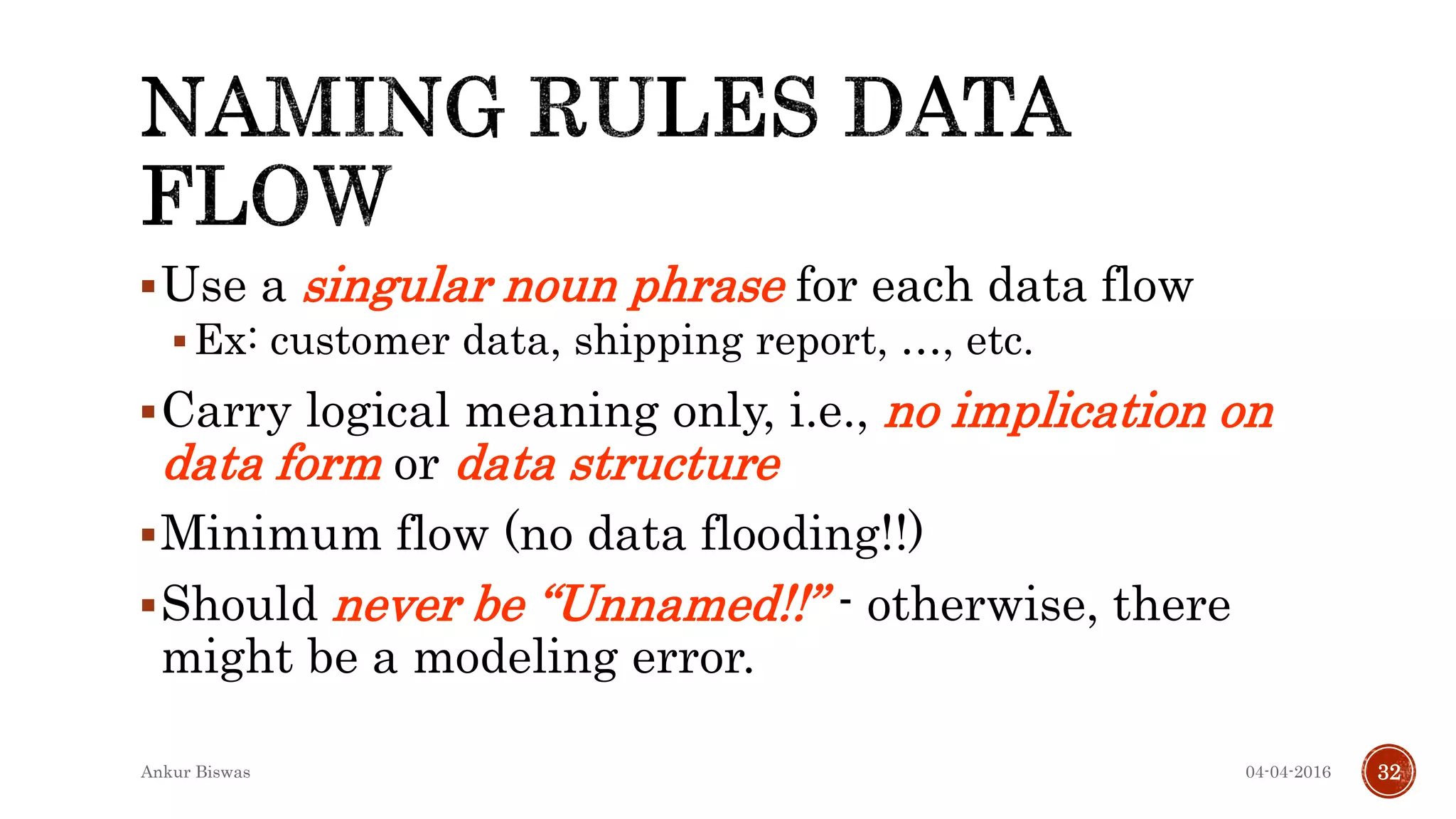 Use a singular noun phrase for each data flow
Ex: customer data, shipping report, …, etc.
Carry logical meaning only, i.e., no implication on
data form or data structure
Minimum flow (no data flooding!!)
Should never be “Unnamed!!” - otherwise, there
might be a modeling error.
04-04-2016Ankur Biswas 32
 