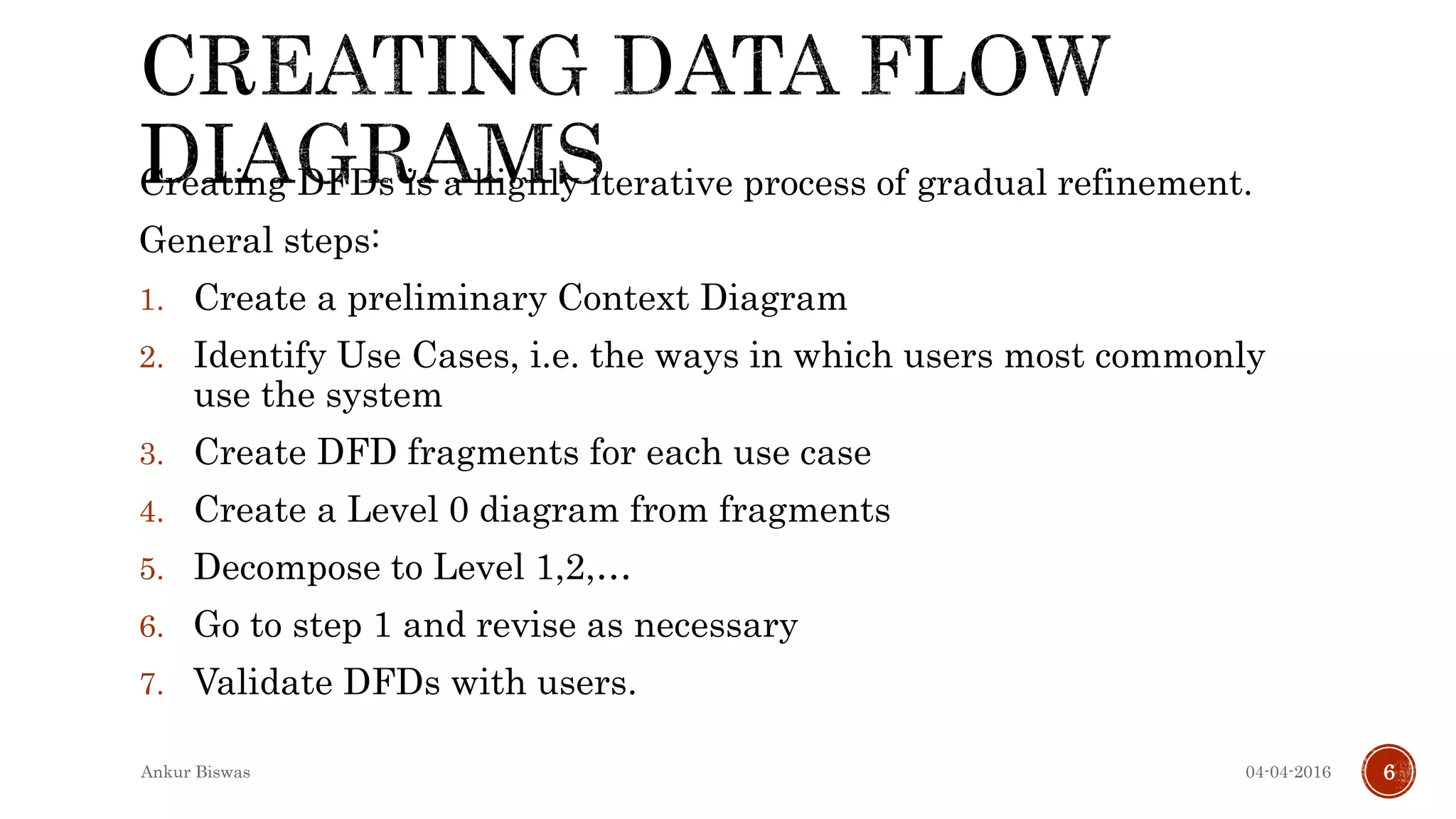 Creating DFDs is a highly iterative process of gradual refinement.
General steps:
1. Create a preliminary Context Diagram
2. Identify Use Cases, i.e. the ways in which users most commonly
use the system
3. Create DFD fragments for each use case
4. Create a Level 0 diagram from fragments
5. Decompose to Level 1,2,…
6. Go to step 1 and revise as necessary
7. Validate DFDs with users.
04-04-2016Ankur Biswas 6
 