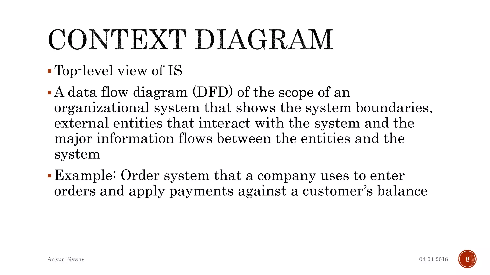 Top-level view of IS
A data flow diagram (DFD) of the scope of an
organizational system that shows the system boundaries,
external entities that interact with the system and the
major information flows between the entities and the
system
Example: Order system that a company uses to enter
orders and apply payments against a customer’s balance
04-04-2016Ankur Biswas 8
 
