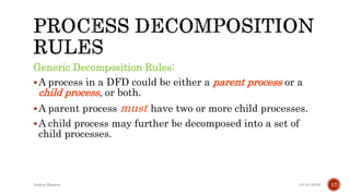 Generic Decomposition Rules:
A process in a DFD could be either a parent process or a
child process, or both.
A parent process must have two or more child processes.
A child process may further be decomposed into a set of
child processes.
04-04-2016Ankur Biswas 17
 