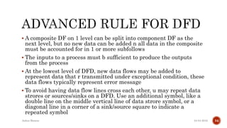  A composite DF on 1 level can be split into component DF as the
next level, but no new data can be added n all data in the composite
must be accounted for in 1 or more subfollows
 The inputs to a process must b sufficient to produce the outputs
from the process
 At the lowest level of DFD, new data flows may be added to
represent data that r transmitted under exceptional condition, these
data flows typically represent error message
 To avoid having data flow lines cross each other, u may repeat data
strores or sources/sinks on a DFD. Use an additional symbol, like a
double line on the middle vertical line of data strore symbol, or a
diagonal line in a corner of a sink/source square to indicate a
repeated symbol
04-04-2016Ankur Biswas 34
 