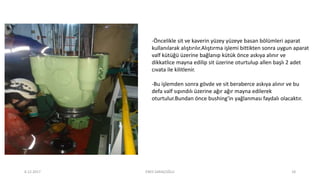 -Öncelikle sit ve kaverin yüzey yüzeye basan bölümleri aparat
kullanılarak alıştırılır.Alıştırma işlemi bittikten sonra uygun aparat
valf kütüğü üzerine bağlanıp kütük önce askıya alınır ve
dikkatlice mayna edilip sit üzerine oturtulup allen başlı 2 adet
cıvata ile kilitlenir.
-Bu işlemden sonra gövde ve sit beraberce askıya alınır ve bu
defa valf sıpındılı üzerine ağır ağır mayna edilerek
oturtulur.Bundan önce bushing'in yağlanması faydalı olacaktır.
6.12.2017 ENES SARAÇOĞLU 18
 