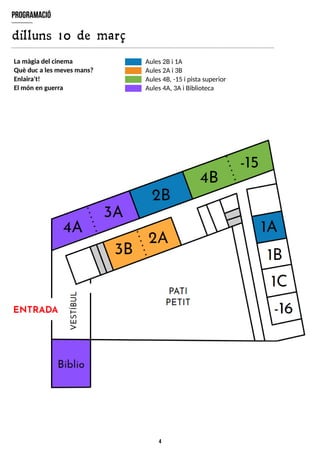 4
program
ació
dilluns 10 de març
Aules2Bi 1A
Aules2Ai 3B
Aules4B, -15 i pistasuperior
Aules4A, 3Ai Biblioteca
La màgia del cinema
Què duca lesmevesmans?
Enlaira't!
El món en guerra
 