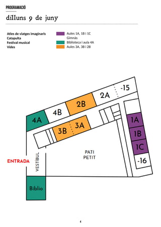 4
program
ació
dilluns 9 de juny
Atlesde viatgesimaginaris
Catapulta
Festival musical
Vides
Aules1A, 1Bi 1C
Gimnàs
Bibliotecai aula4A
Aules3A, 3Bi 2B
 