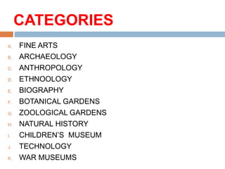 CATEGORIES
A. FINE ARTS
B. ARCHAEOLOGY
C. ANTHROPOLOGY
D. ETHNOOLOGY
E. BIOGRAPHY
F. BOTANICAL GARDENS
G. ZOOLOGICAL GARDENS
H. NATURAL HISTORY
I. CHILDREN’S MUSEUM
J. TECHNOLOGY
K. WAR MUSEUMS
 