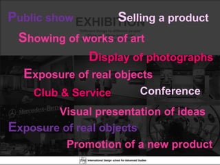 EXHIBITION “ Different things to different people” “ Show and Show and Show” “ Display and Display and Display” S howing of works of art D isplay of photographs E xposure of real objects E xposure of real objects Visual presentation of ideas Conference Promotion of a new product Club & Service S elling a product P ublic show 
