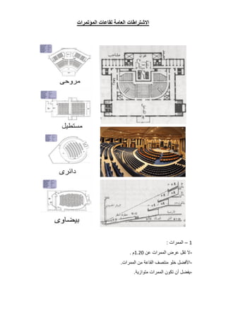 ‫االشتراطات‬
‫العامة‬
‫لقاعات‬
‫المؤتمرات‬
1
–
‫الممرات‬
:
-
‫ال‬
‫تقل‬
‫عرض‬
‫الممرات‬
‫عن‬
1.20
‫م‬
.
-
‫األفضل‬
‫خلو‬
‫منتصف‬
‫القاعة‬
‫من‬
‫الممرات‬
.
-
‫يفضل‬
‫أن‬
‫تكون‬
‫الممرات‬
‫متوازية‬
.
 
