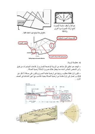 6
-
:‫الرؤية‬ ‫خطوط‬
–
‫الهدف‬
‫هو‬
‫تمكين‬
‫كل‬
‫مشاهد‬
‫من‬
‫الرؤية‬
‫الواضحة‬
‫للمسارح‬
‫أو‬
‫لقاعات‬
‫المؤ‬
‫تمرات‬
‫من‬
‫فوق‬
‫رأس‬
‫الشخص‬
‫الجالس‬
‫أمامه‬
‫مما‬
‫يجعل‬
‫هناك‬
‫ضرورة‬
‫إلمالة‬
‫أرضية‬
‫الصالة‬
.
–
‫تكون‬
‫أول‬
‫نقطة‬
‫مطلوب‬
‫رؤيتها‬
‫هى‬
‫أرضية‬
‫خشبة‬
‫المسرح‬
‫وتكون‬
‫على‬
‫مسافة‬
‫ال‬
‫تقل‬
‫عن‬
0.8
‫م‬
‫و‬
‫تصل‬
‫إلى‬
1.1
‫مقاسة‬
‫من‬
‫أرضية‬
‫الصالة‬
‫بحيث‬
‫تتناسب‬
‫مع‬
‫أعين‬
‫المشاهد‬
‫فى‬
‫الصف‬
‫االول‬
.
 