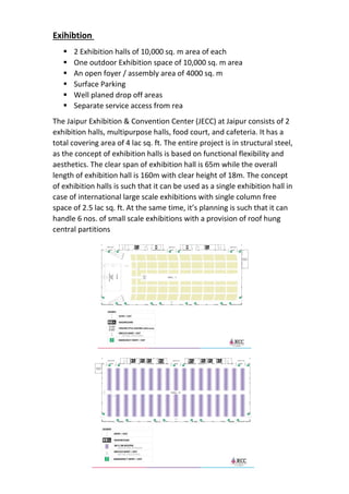 Exihibtion
▪ 2 Exhibition halls of 10,000 sq. m area of each
▪ One outdoor Exhibition space of 10,000 sq. m area
▪ An open foyer / assembly area of 4000 sq. m
▪ Surface Parking
▪ Well planed drop off areas
▪ Separate service access from rea
The Jaipur Exhibition & Convention Center (JECC) at Jaipur consists of 2
exhibition halls, multipurpose halls, food court, and cafeteria. It has a
total covering area of 4 lac sq. ft. The entire project is in structural steel,
as the concept of exhibition halls is based on functional flexibility and
aesthetics. The clear span of exhibition hall is 65m while the overall
length of exhibition hall is 160m with clear height of 18m. The concept
of exhibition halls is such that it can be used as a single exhibition hall in
case of international large scale exhibitions with single column free
space of 2.5 lac sq. ft. At the same time, it’s planning is such that it can
handle 6 nos. of small scale exhibitions with a provision of roof hung
central partitions
 