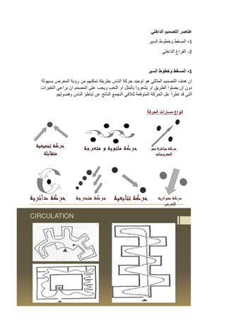‫عناصر‬
‫التصميم‬
‫الداخلي‬
1
-
‫المسقط‬
‫وخطوط‬
‫السير‬
2
-
‫الفراغ‬
‫الداخلي‬
1
-
‫المسقط‬
‫وخطوط‬
‫السير‬
‫ان‬
‫هدف‬
‫التصميم‬
‫المثالي‬
‫هو‬
‫توحيد‬
‫حركة‬
‫الناس‬
‫بطريقة‬
‫تمكنهم‬
‫من‬
‫رؤية‬
‫المعرض‬
‫بسهولة‬
‫دون‬
‫ان‬
‫يضلوا‬
‫الطريق‬
‫او‬
‫يش‬
‫عروا‬
‫بالملل‬
‫او‬
‫التعب‬
‫ويجب‬
‫على‬
‫المصمم‬
‫ان‬
‫يراعي‬
‫التغيرات‬
‫التى‬
‫قد‬
‫تطرأ‬
‫عل‬
‫الحركة‬
‫المتوقعة‬
‫لتالفي‬
‫التجمع‬
‫الناتج‬
‫عن‬
‫تباطؤ‬
‫الناس‬
‫وفضولهم‬
 