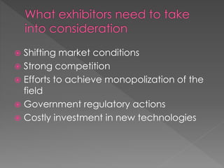  Shifting market conditions 
 Strong competition 
 Efforts to achieve monopolization of the 
field 
 Government regulatory actions 
 Costly investment in new technologies 
 
