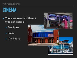 THE FILM INDUSTRY
CINEMA
▸ There are several different
types of cinema :
▸ Multiplex
▸ Imax
▸ Art-house  
 