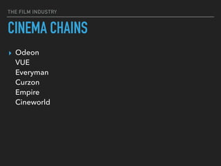 THE FILM INDUSTRY
CINEMA CHAINS
▸ Odeon 
VUE 
Everyman 
Curzon 
Empire 
Cineworld 
 