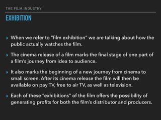 THE FILM INDUSTRY
EXHIBITION
▸ When we refer to “ﬁlm exhibition” we are talking about how the
public actually watches the ﬁlm.
▸ The cinema release of a ﬁlm marks the ﬁnal stage of one part of
a ﬁlm’s journey from idea to audience.
▸ It also marks the beginning of a new journey from cinema to
small screen. After its cinema release the ﬁlm will then be
available on pay TV, free to air TV, as well as television.
▸ Each of these “exhibitions” of the ﬁlm offers the possibility of
generating proﬁts for both the ﬁlm’s distributor and producers.
 