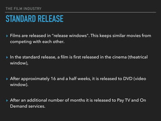 THE FILM INDUSTRY
STANDARD RELEASE
▸ Films are released in “release windows". This keeps similar movies from
competing with each other.  
▸ In the standard release, a ﬁlm is ﬁrst released in the cinema (theatrical
window),  
▸ After approximately 16 and a half weeks, it is released to DVD (video
window).  
▸ After an additional number of months it is released to Pay TV and On
Demand services.
 