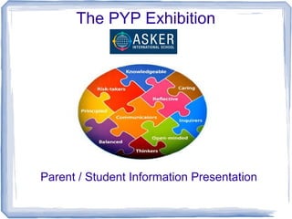 The PYP Exhibition 
Parent / Student Information Presentation 
 
