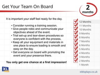 It is important your staff feel ready for the day.
• Consider running a training session.
• Give people roles and communicate your
objectives ahead of the event.
• Trial set-up and tear-down procedures so
everyone is confident with the process.
• Keep all your equipment and materials in
one place to ensure loading is smooth and
easy on the day.
• Get everyone on board with promoting the
event and your presence there.
You only get one chance at a first impression!
 