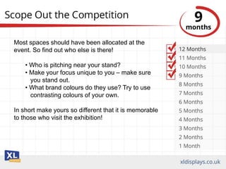 Most spaces should have been allocated at the
event. So find out who else is there!
• Who is pitching near your stand?
• Make your focus unique to you – make sure
you stand out.
• What brand colours do they use? Try to use
contrasting colours of your own.
In short make yours so different that it is memorable
to those who visit the exhibition!
 