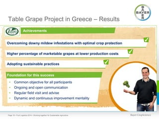 Table Grape Project in Greece – Results
Achievements

✓

Overcoming downy mildew infestations with optimal crop protection
Higher percentage of marketable grapes at lower production costs
Adopting sustainable practices
Foundation for this success

•

Common objective for all participants

•

Ongoing and open communication

•

Regular field visit and advise

•

Dynamic and continuous improvement mentality

Page 18 • Fruit Logistica 2014 • Working together for Sustainable Agriculture

✓

✓

 