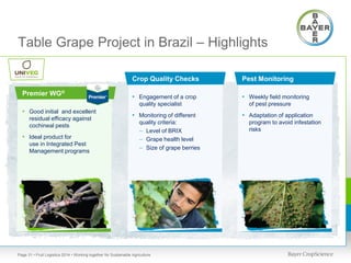 Table Grape Project in Brazil – Highlights
Crop Quality Checks

Premier WG®

Pest Monitoring

• Engagement of a crop

• Weekly field monitoring

quality specialist

• Good initial and excellent
residual efficacy against
cochineal pests

• Ideal product for
use in Integrated Pest
Management programs

• Monitoring of different
quality criteria:
 Level of BRIX
 Grape health level
 Size of grape berries

Page 31 • Fruit Logistica 2014 • Working together for Sustainable Agriculture

of pest pressure

• Adaptation of application
program to avoid infestation
risks

 
