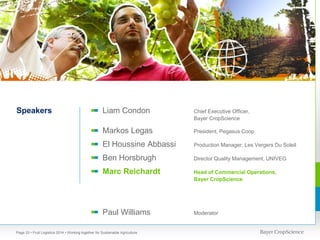 Speakers

Liam Condon

Chief Executive Officer,
Bayer CropScience

Markos Legas

President, Pegasus Coop

El Houssine Abbassi

Production Manager, Les Vergers Du Soleil

Ben Horsbrugh

Director Quality Management, UNIVEG

Marc Reichardt

Head of Commercial Operations,
Bayer CropScience

Paul Williams

Moderator

Page 33 • Fruit Logistica 2014 • Working together for Sustainable Agriculture

 