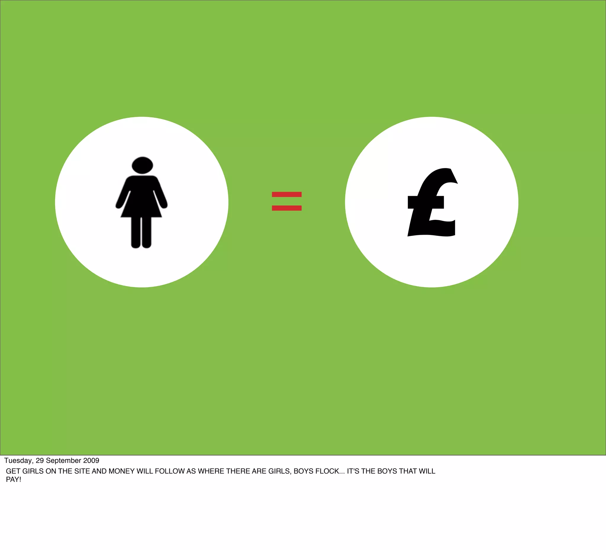 =                                 £

Tuesday, 29 September 2009
GET GIRLS ON THE SITE AND MONEY WILL FOLLOW AS WHERE THERE ARE GIRLS, BOYS FLOCK... IT'S THE BOYS THAT WILL
PAY!
 