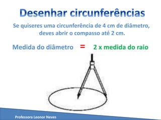 Se quiseres uma circunferência de 4 cm de diâmetro,
deves abrir o compasso até 2 cm.
Medida do diâmetro = 2 x medida do raio
Professora Leonor Neves
 