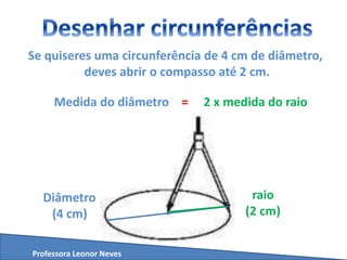 Se quiseres uma circunferência de 4 cm de diâmetro,
deves abrir o compasso até 2 cm.
Medida do diâmetro = 2 x medida do raio
Professora Leonor Neves
raio
(2 cm)
Diâmetro
(4 cm)
 