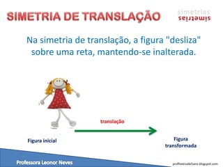 Na simetria de translação, a figura "desliza"
sobre uma reta, mantendo-se inalterada.
Figura inicial Figura
transformada
translação
profhelena4e5ano.blogspot.com
 