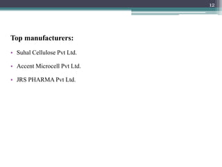 Top manufacturers:
• Suhal Cellulose Pvt Ltd.
• Accent Microcell Pvt Ltd.
• JRS PHARMA Pvt Ltd.
12
 