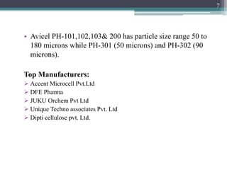 • Avicel PH-101,102,103& 200 has particle size range 50 to
180 microns while PH-301 (50 microns) and PH-302 (90
microns).
Top Manufacturers:
 Accent Microcell Pvt.Ltd
 DFE Pharma
 JUKU Orchem Pvt Ltd
 Unique Techno associates Pvt. Ltd
 Dipti cellulose pvt. Ltd.
7
 