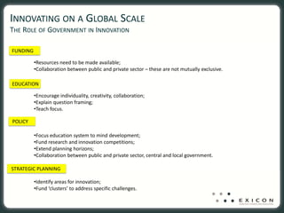INNOVATING ON A GLOBAL SCALE
THE ROLE OF GOVERNMENT IN INNOVATION

FUNDING

          •Resources need to be made available;
          •Collaboration between public and private sector – these are not mutually exclusive.

EDUCATION

          •Encourage individuality, creativity, collaboration;
          •Explain question framing;
          •Teach focus.

POLICY

          •Focus education system to mind development;
          •Fund research and innovation competitions;
          •Extend planning horizons;
          •Collaboration between public and private sector, central and local government.

STRATEGIC PLANNING

          •Identify areas for innovation;
          •Fund ‘clusters’ to address specific challenges.
 