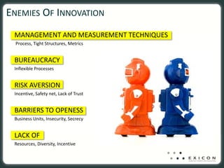 ENEMIES OF INNOVATION
 MANAGEMENT AND MEASUREMENT TECHNIQUES
  Process, Tight Structures, Metrics


 BUREAUCRACY
 Inflexible Processes


 RISK AVERSION
 Incentive, Safety net, Lack of Trust


 BARRIERS TO OPENESS
 Business Units, Insecurity, Secrecy


 LACK OF
 Resources, Diversity, Incentive
 