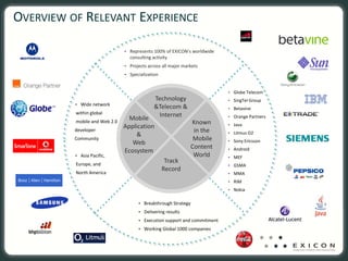 OVERVIEW OF RELEVANT EXPERIENCE

                               • Represents 100% of EXICON’s worldwide 
                                 consulting activity
                               • Projects across all major markets
                               • Specialization  


                                                                           • Globe Telecom 
                                             Technology                    • SingTel Group
          • Wide network
                                             &Telecom &                    • Betavine
          within global                       Internet
                                 Mobile                                    • Orange Partners
          mobile and Web 2.0                                    Known      • Java
                               Application 
          developer                                              in the    • Litmus O2
                                   &
          Community                                              Mobile    • Sony Ericsson
                                  Web 
                                                                Content    • Android
                               Ecosystem
          • Asia Pacific,                                        World     • MEF
          Europe, and
                                                     Track
                                                                           • GSMA
                                                    Record
          North America                                                    • MMA
                                                                           • RIM
                                                                           • Nokia

                                      • Breakthrough Strategy
                                      • Delivering results
                                      • Execution support and commitment
                                     • Working Global 1000 companies
 