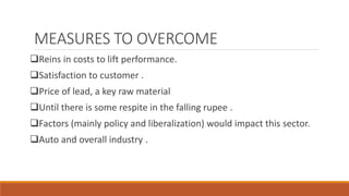 MEASURES TO OVERCOME 
Reins in costs to lift performance. 
Satisfaction to customer . 
Price of lead, a key raw material 
Until there is some respite in the falling rupee . 
Factors (mainly policy and liberalization) would impact this sector. 
Auto and overall industry . 
 