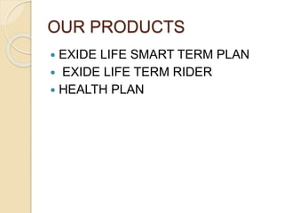 OUR PRODUCTS
 EXIDE LIFE SMART TERM PLAN
 EXIDE LIFE TERM RIDER
 HEALTH PLAN
 