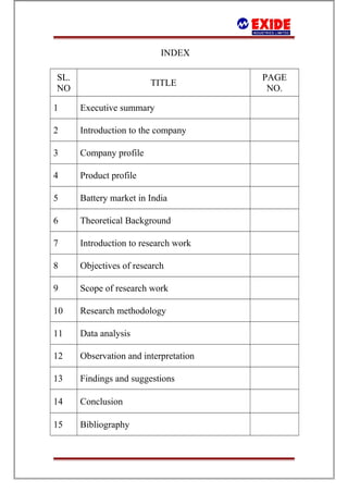 INDEX 
SL. 
NO TITLE PAGE 
NO. 
1 Executive summary 
2 Introduction to the company 
3 Company profile 
4 Product profile 
5 Battery market in India 
6 Theoretical Background 
7 Introduction to research work 
8 Objectives of research 
9 Scope of research work 
10 Research methodology 
11 Data analysis 
12 Observation and interpretation 
13 Findings and suggestions 
14 Conclusion 
15 Bibliography 
 
