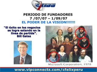 PERIODO DE FUNDADORES  7 /07/07 – 1/09/07 EL PODER DE LA VISION!!!!!!! “ El éxito en los negocios se logra estando en la línea de partida”. Bill Gates 